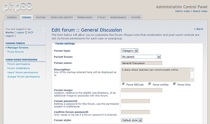 Figure 3. Customizing the forums on the ACP